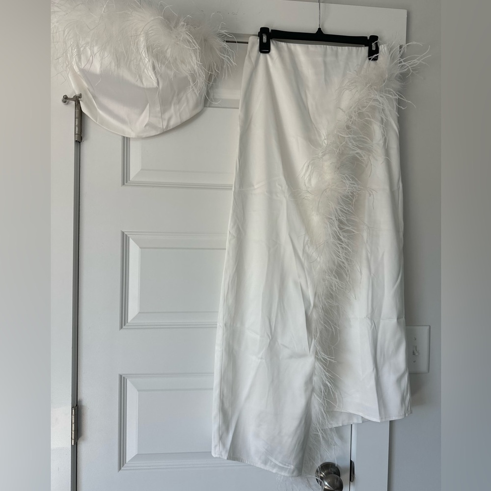 Hutch Faux Feather Strapless Crop Top And Column Maxi Skirt Set - Picture 9 of 11